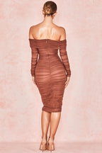 Ruched Off Shoulder Midi Dress aclosy