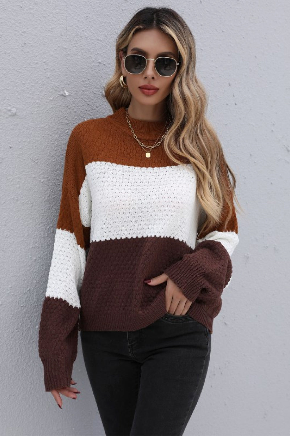 Color Block Long Sleeve Sweater Trendsi