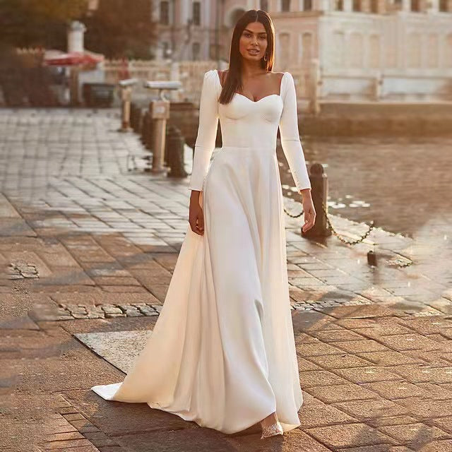 Simple Square Neck Long Sleeve Wedding Dresses Pure Color Sweep Train Zipper Back Bridal Gowns Custom Made Vestidos De Novia aclosy