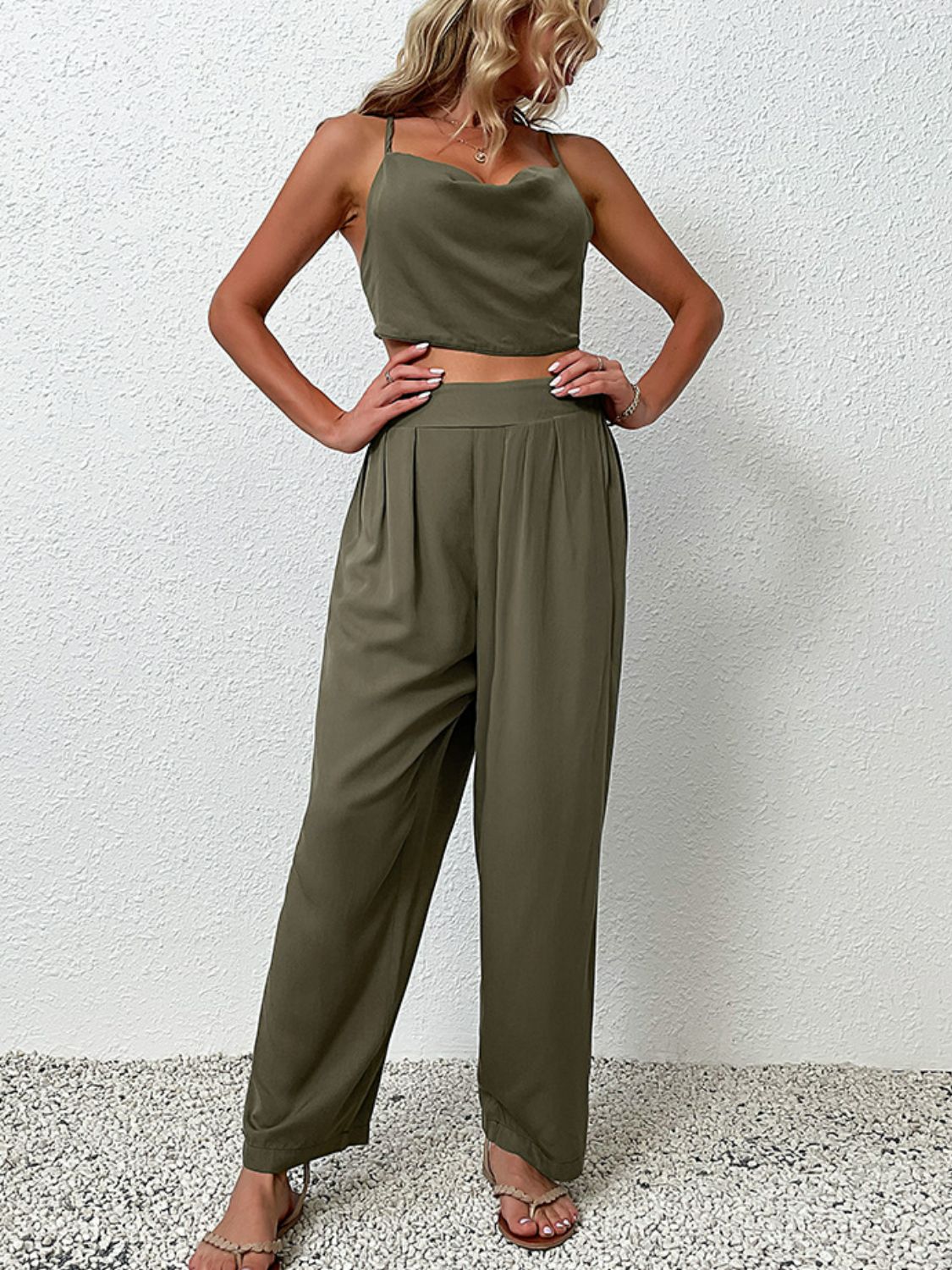 Crisscross Back Cropped Top and Pants Set Trendsi