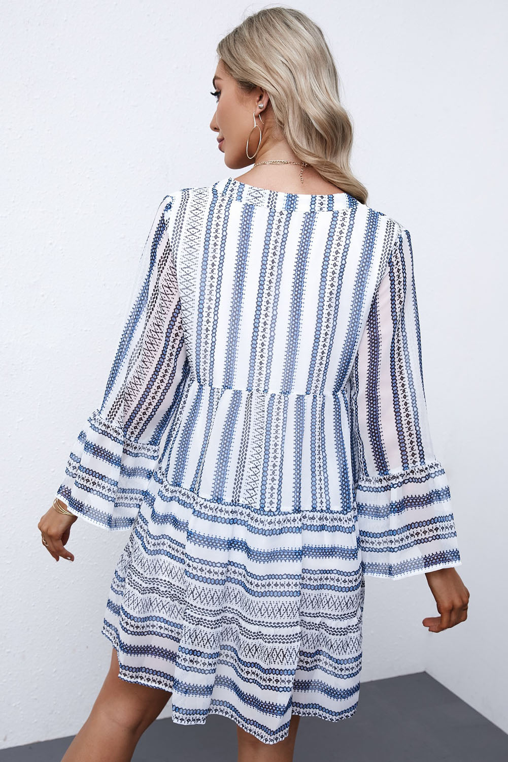 Printed Notched Neck Flare Sleeve Tiered Dress Trendsi