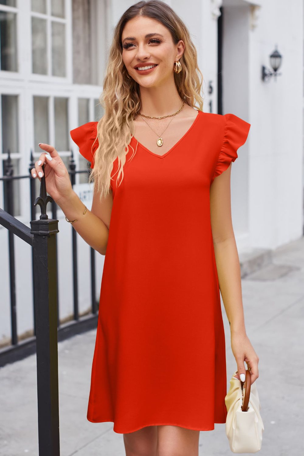 Ruffled V-Neck Flutter Sleeve Dress Trendsi