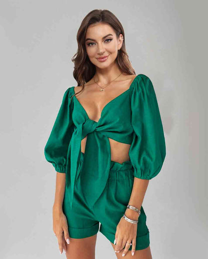 Cutout Puff Sleeve Top and Shorts Set Trendsi