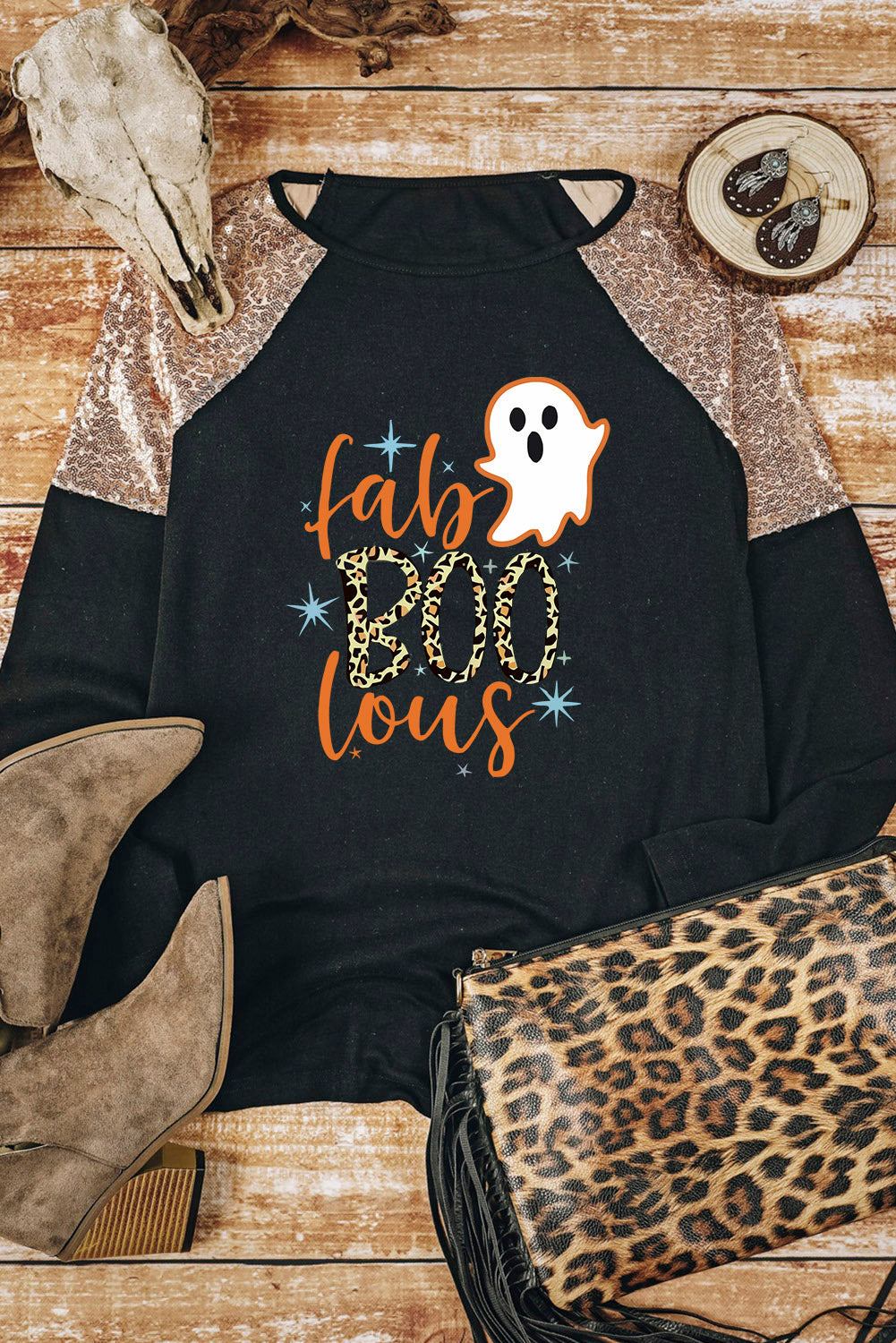 Ghost Graphic Sequin Long Sleeve T-Shirt Trendsi