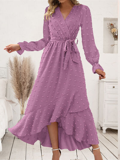 Swiss Dot Tie Waist Flounce Sleeve Dress Trendsi