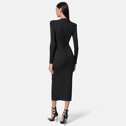 Winter New European And American Women's Black Long-sleeved O-neck Waist Stretch Dress aclosy