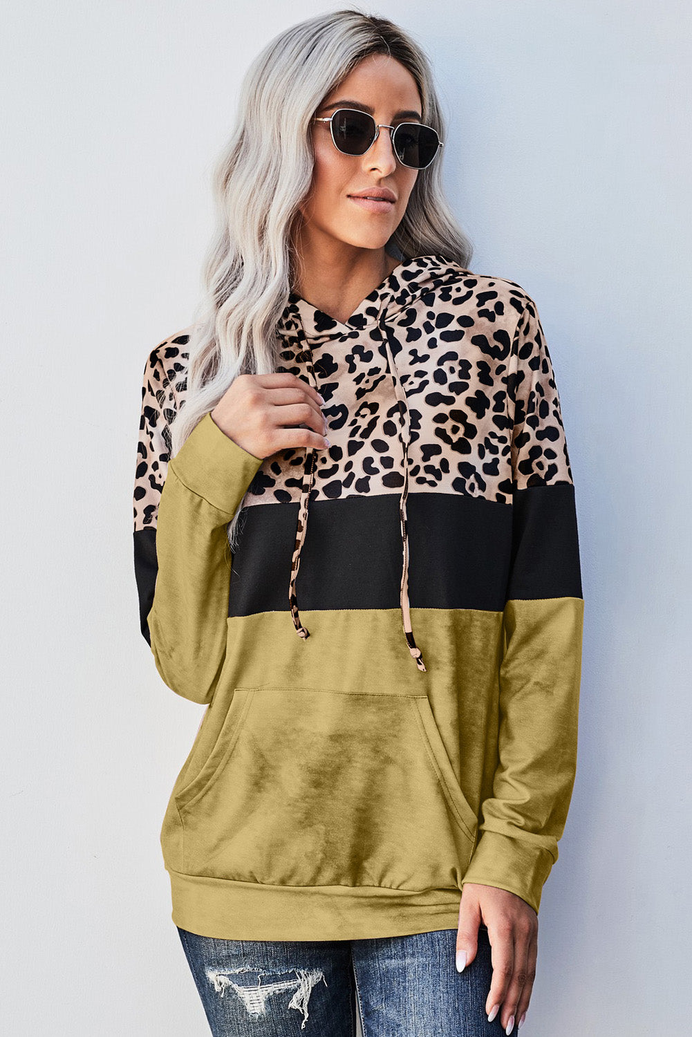 Leopard Color Block Hoodie Trendsi