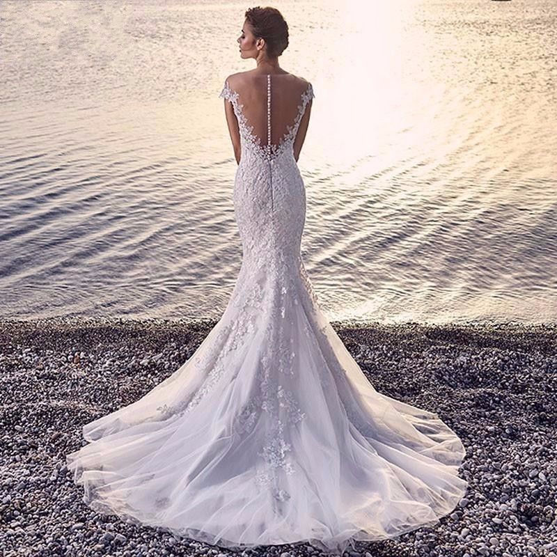 Princess Bride Mermaid Wedding Dress White Trailing Perspective Backless Lace Wedding Dress aclosy