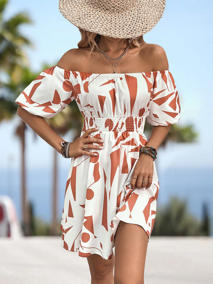 Printed Off-Shoulder Smocked Waist Dress Trendsi