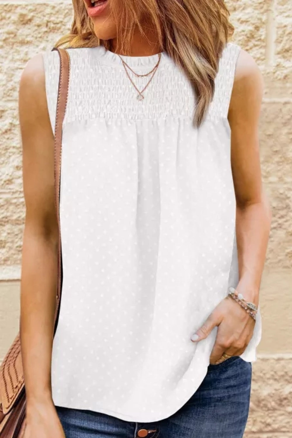 Smocked Tie Back Frill Trim Tank Trendsi