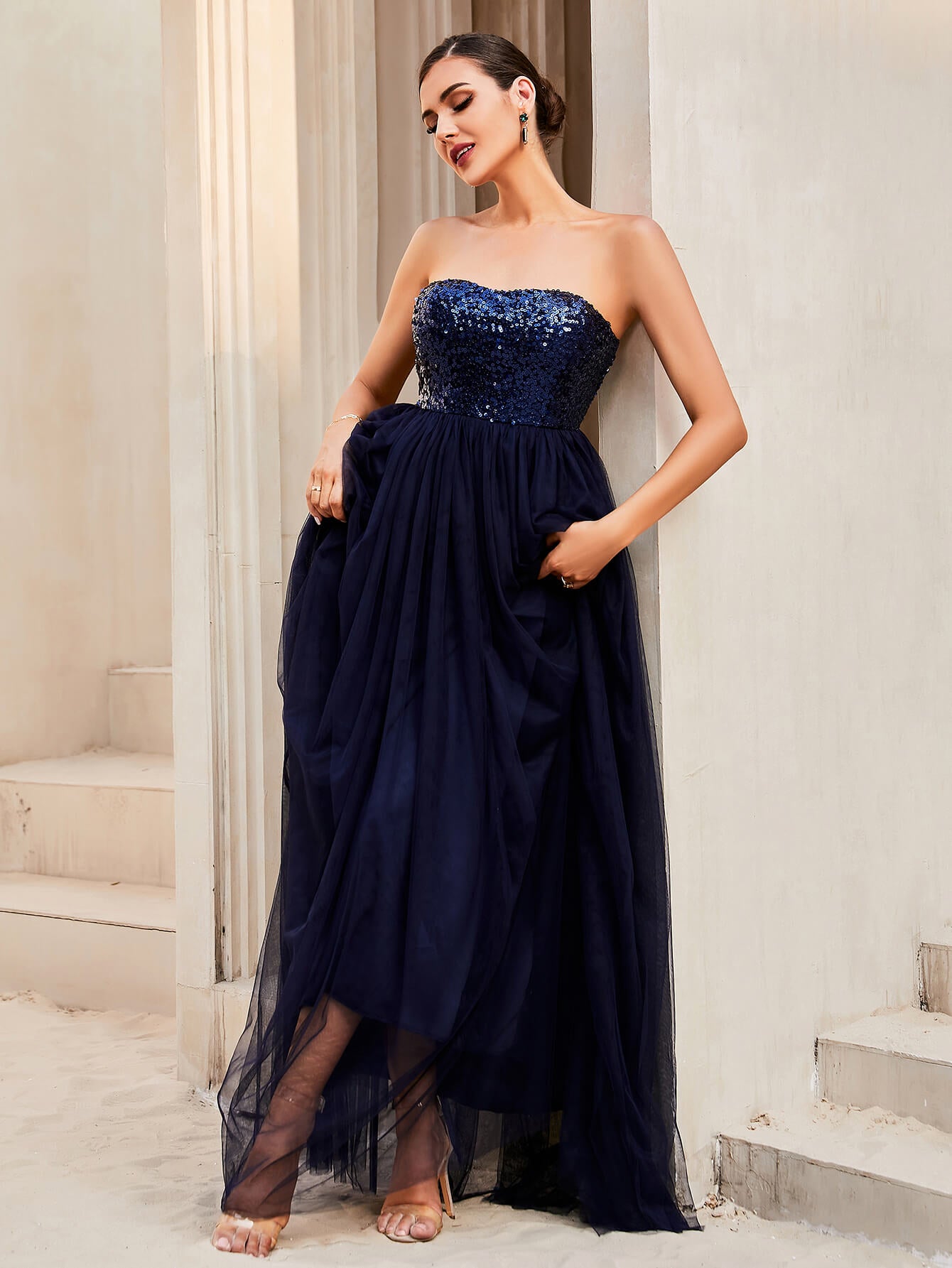 Sequin Strapless Spliced Tulle Dress Trendsi
