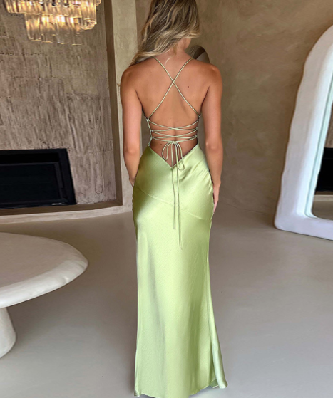 V-neck Satin Slit Backless Long Dress aclosy