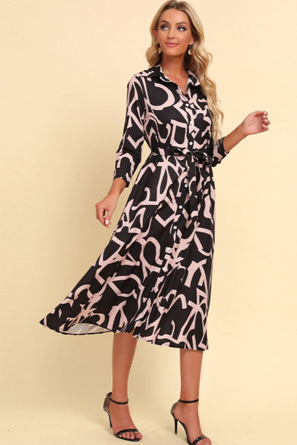 Printed Button Front Belted Midi Dress Trendsi