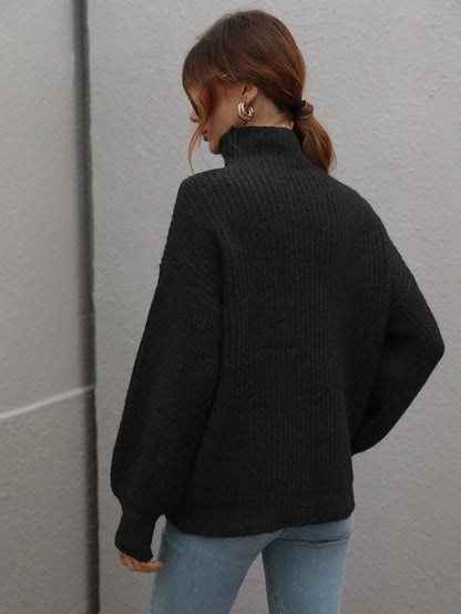 High Neck Balloon Sleeve Rib-Knit Pullover Sweater Trendsi