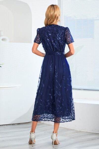 Sequin Leaf Embroidery Tie Front Short Sleeve Dress Trendsi