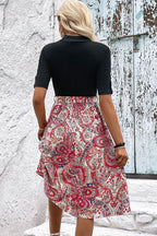 Printed Short Sleeve Belted Dress Trendsi