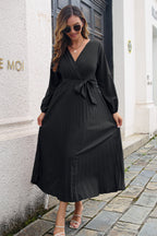 Pleated Long Sleeve Surplice Maxi Dress Trendsi