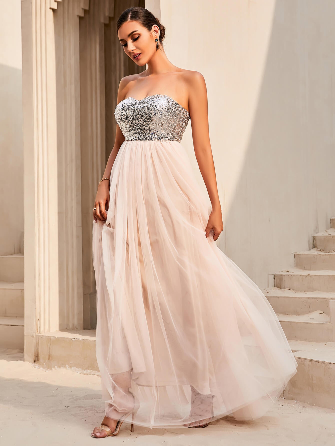 Sequin Strapless Spliced Tulle Dress Trendsi