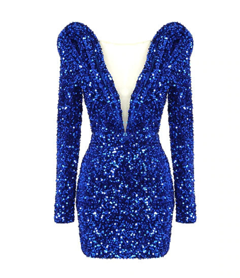 Long Sleeve V-Neck Tube Top Sequin Dress-Blue aclosy
