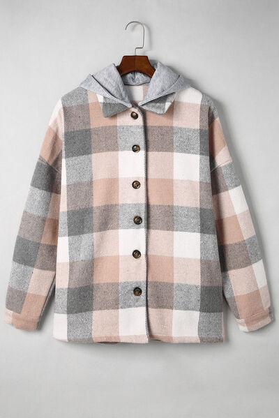 Button Up Plaid Hooded Jacket Trendsi