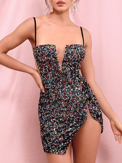 Women's Sequined Strapless Mini Dress With Slits And Skinny Fit aclosy
