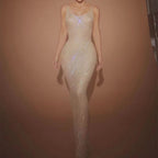 Women's Temperament Mesh Gauze With Diamonds Sleeveless Tight Long Dress aclosy