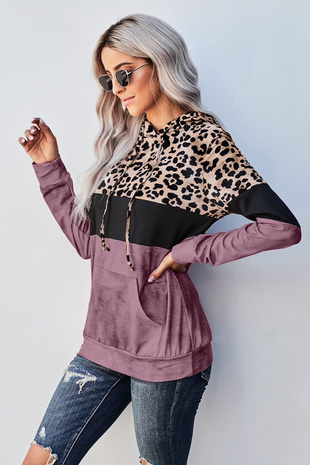 Leopard Color Block Hoodie Trendsi