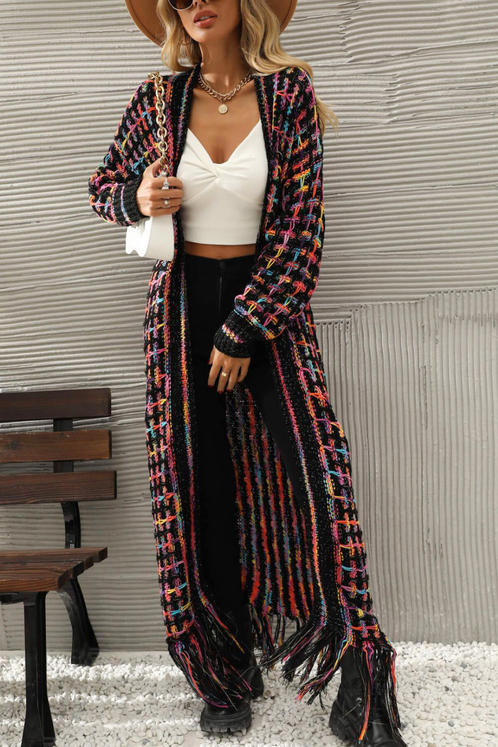 Multicolored Open Front Fringe Hem Cardigan Trendsi