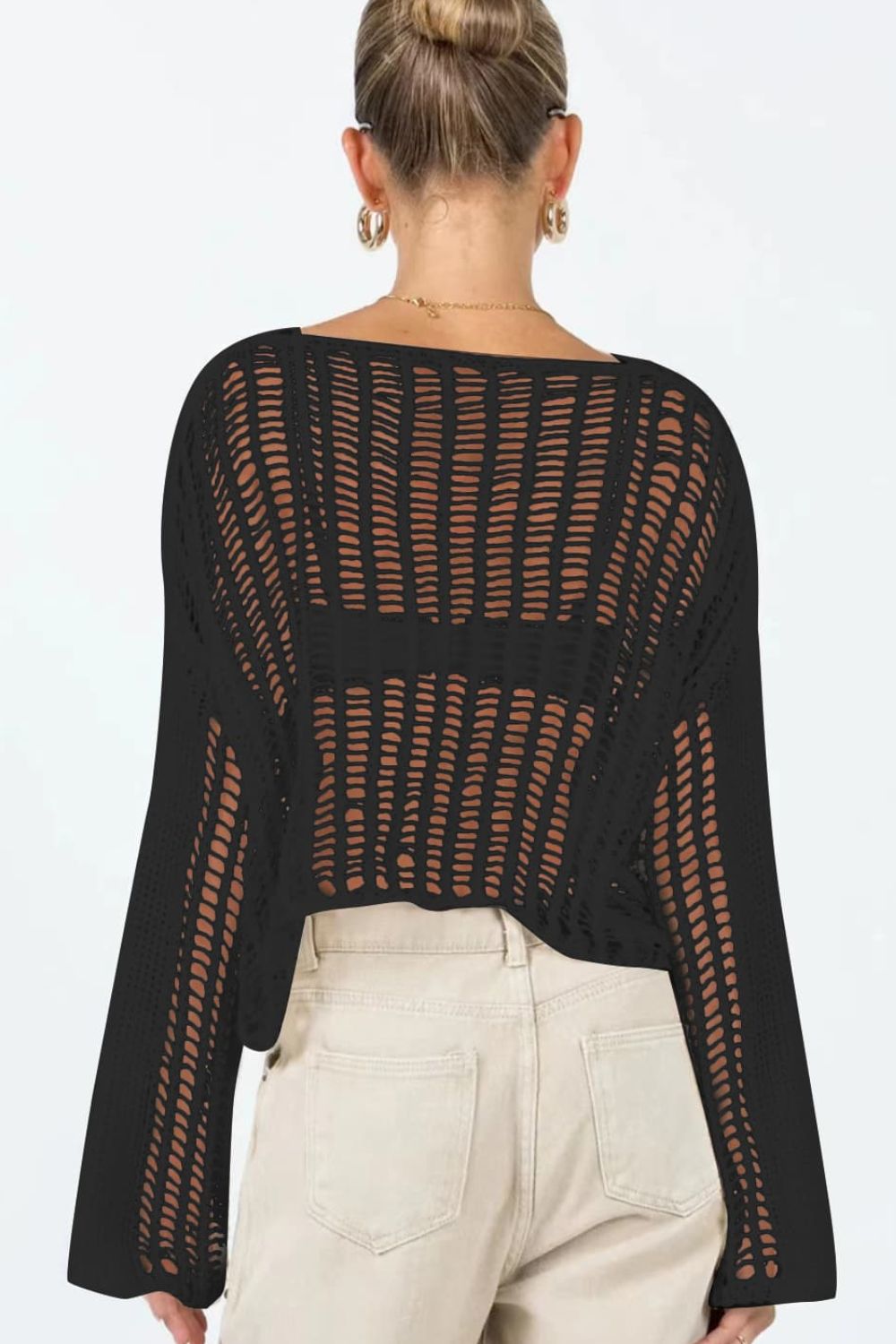 Openwork Boat Neck Long Sleeve Cover Up Trendsi