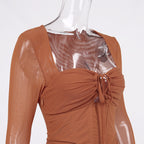 Mesh Pleated Hollow Cross Body Hip Slip Dress aclosy