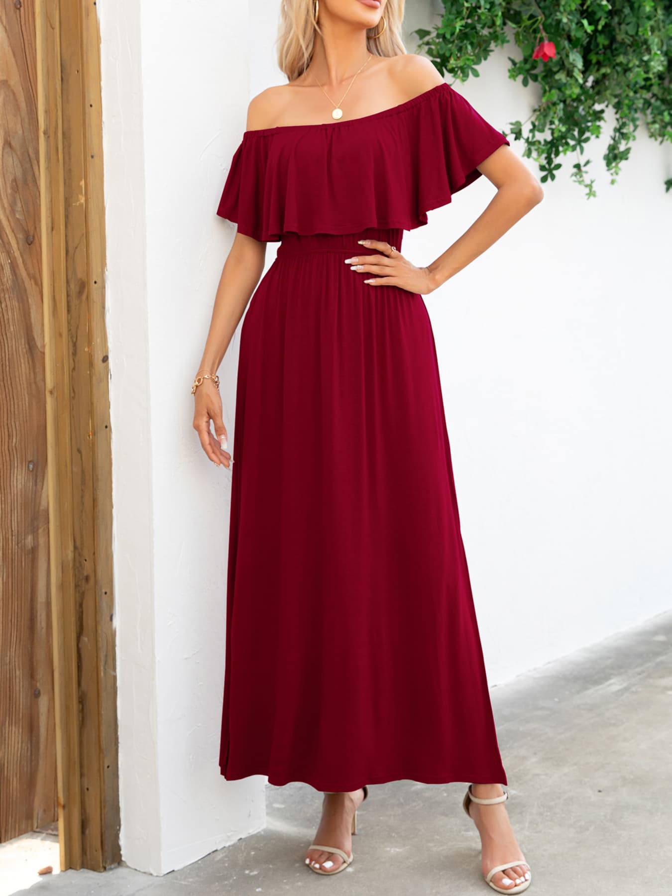 Off-Shoulder Slit Maxi Dress Trendsi