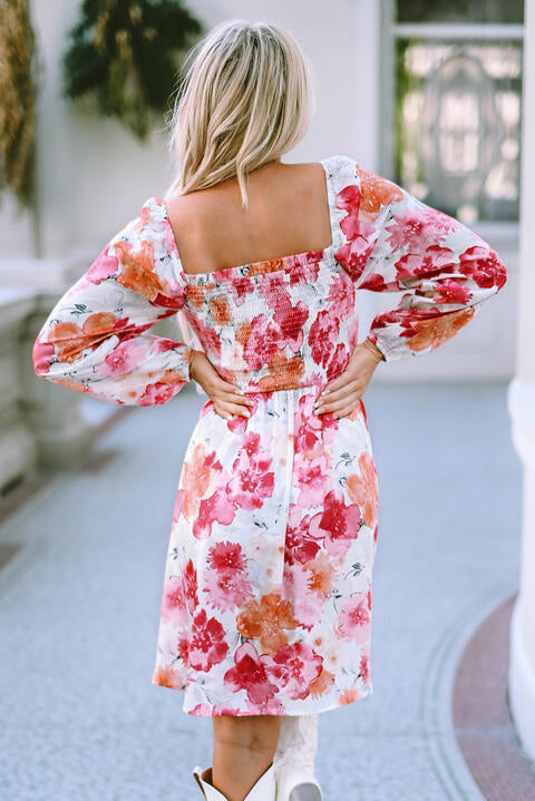 Floral Smocked Square Neck Long Sleeve Dress Trendsi