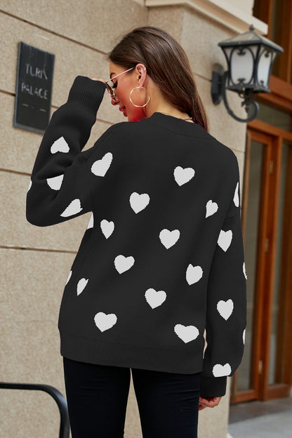 Heart Pattern Lantern Sleeve Round Neck Tunic Sweater Trendsi