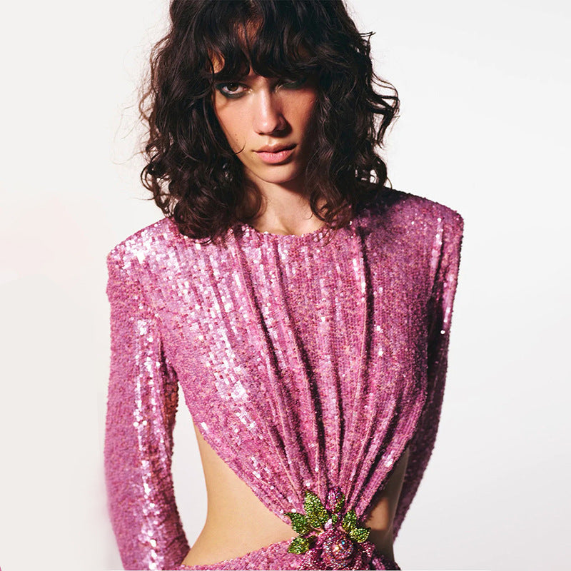 Round Neck Flower Waist Button Dress aclosy