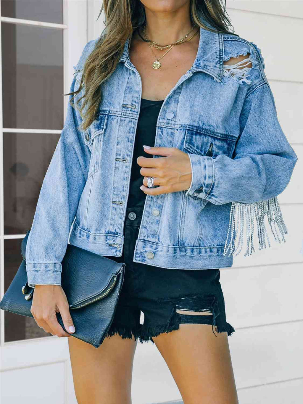 Distressed Fringe Denim Jacket Trendsi