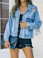 Distressed Fringe Denim Jacket Trendsi