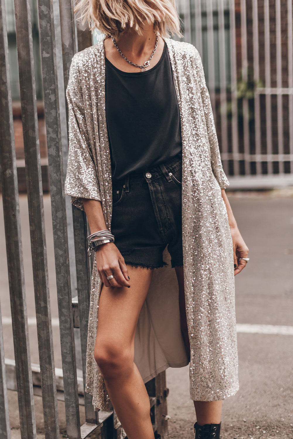 Sequin Open Front Duster Cardigan Trendsi