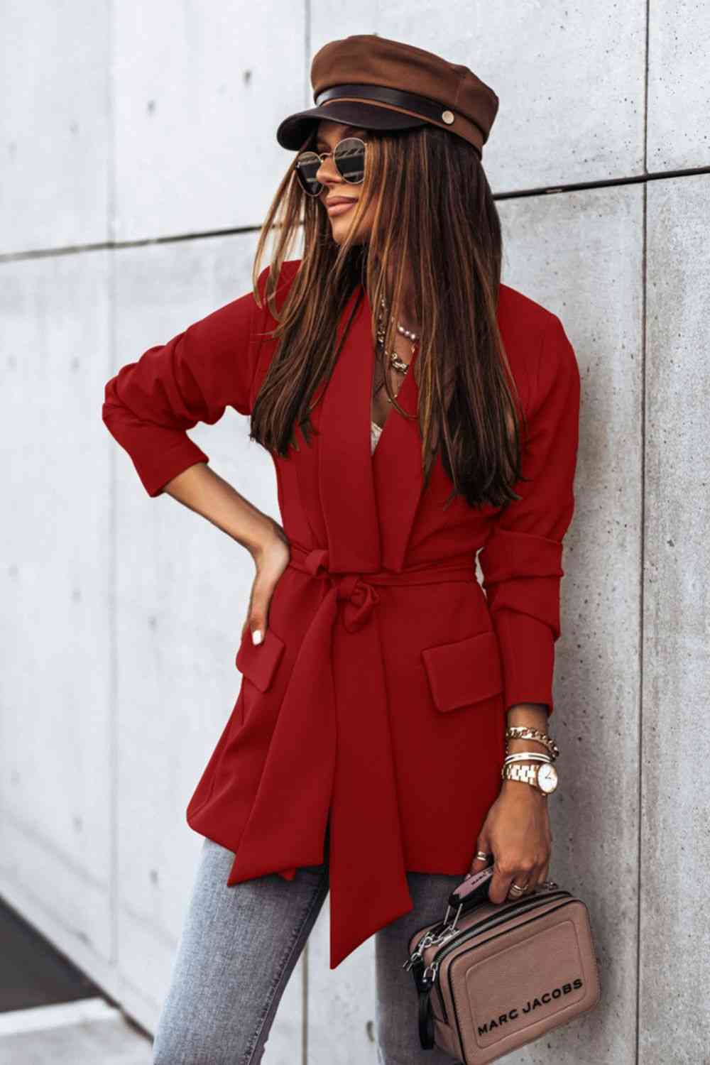 Belted Shawl Collar Blazer Trendsi