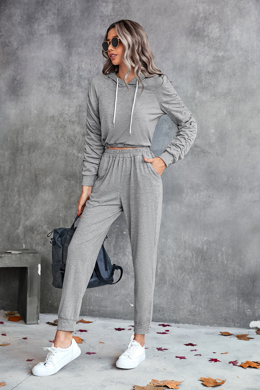 Ruched Raglan Sleeve Hoodie and Joggers Set Trendsi