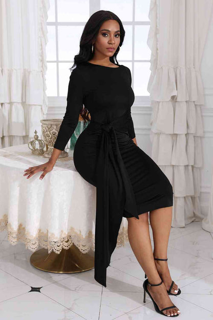 Tie Detail Round Neck Midi Dress Trendsi