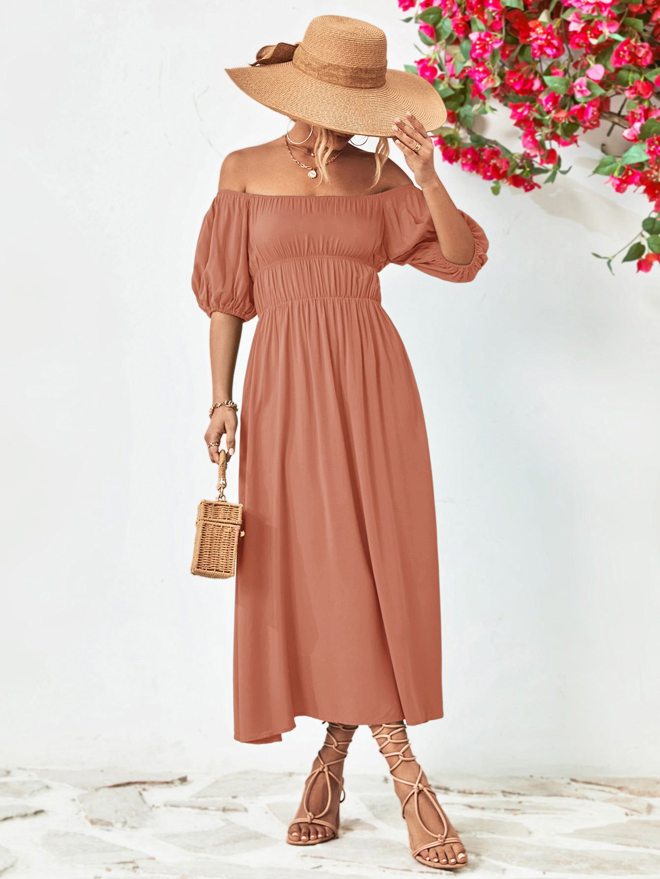 Off-Shoulder Balloon Sleeve Midi Dress Trendsi