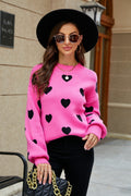 Heart Pattern Lantern Sleeve Round Neck Tunic Sweater Trendsi