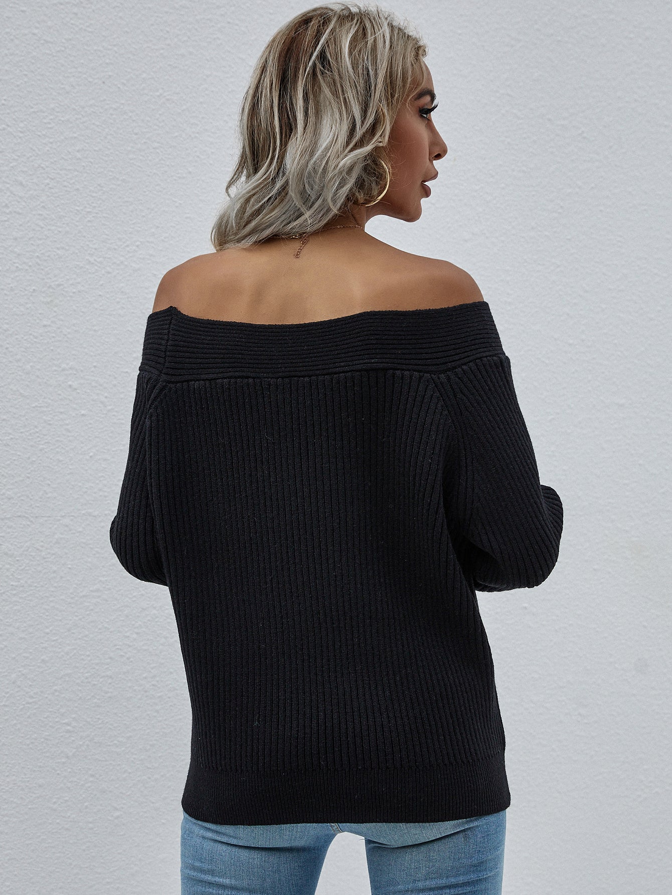 Off-Shoulder Rib-Knit Sweater Trendsi
