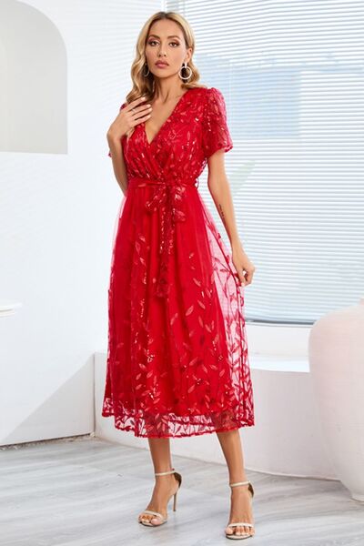 Sequin Leaf Embroidery Tie Front Short Sleeve Dress Trendsi