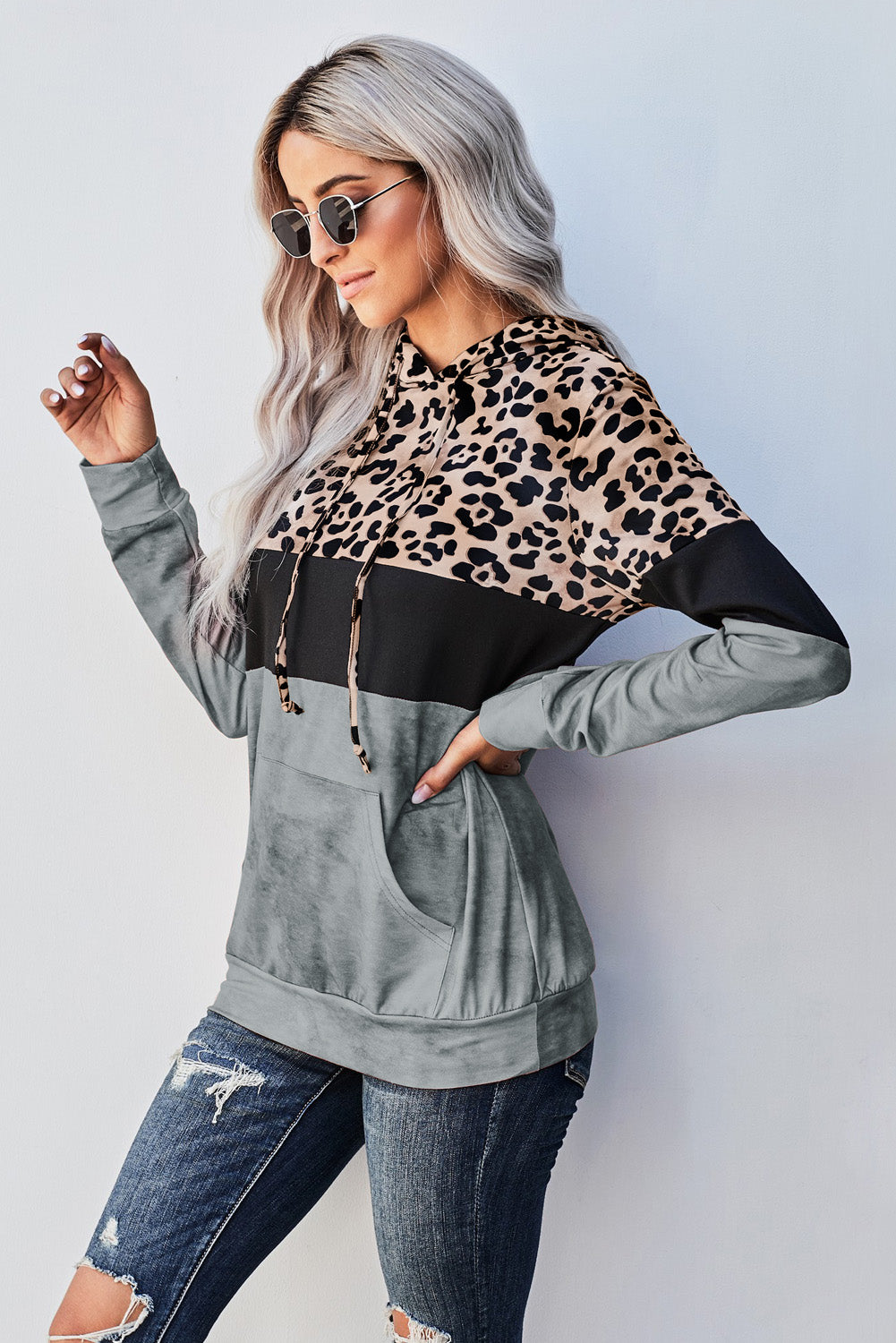 Leopard Color Block Hoodie Trendsi