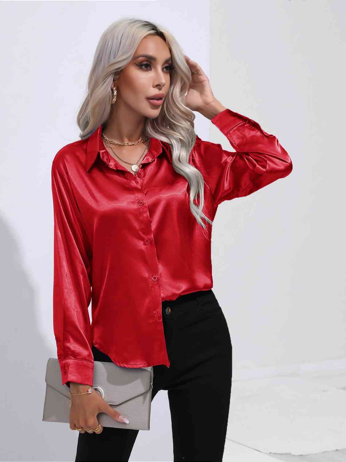 Collared Neck Buttoned Long Sleeve Shirt Trendsi