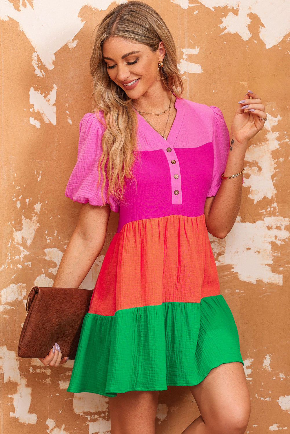 Color Block Buttoned Puff Sleeve Dress Trendsi