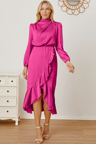 Mock Neck Ruffled Asymmetrical Dress Trendsi