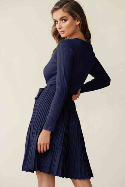 Surplice Neck Tie Waist Pleated Dress Trendsi