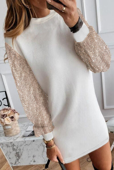 Sequin Long Sleeve Round Neck Mini Dress Trendsi